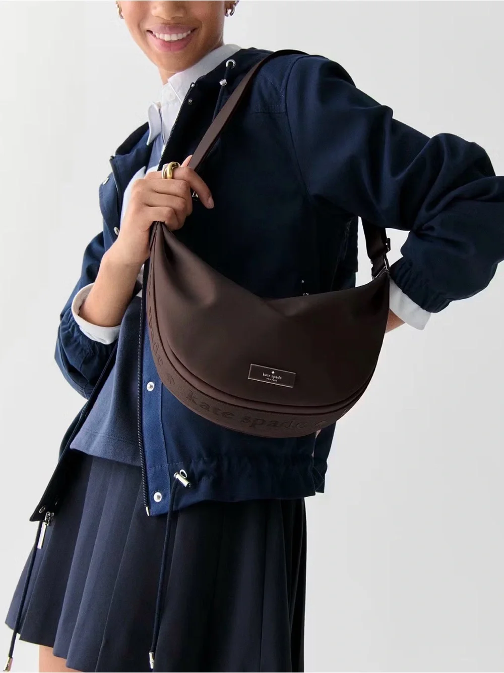 New KATE SPADE Carter Nylon Sling Crossbody Crescent Bag - Brown Hot Fudge